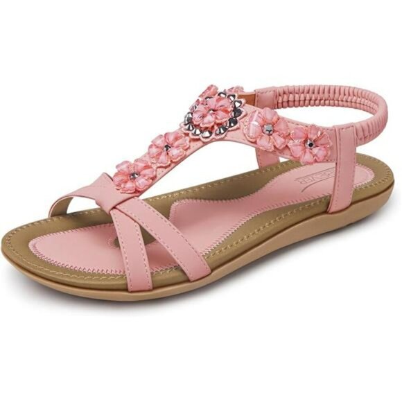 Womens Pink Flat Sandals Dressy Summer Boho Ankle Strap Comfort Walking Shoe - Picture 7 of 7